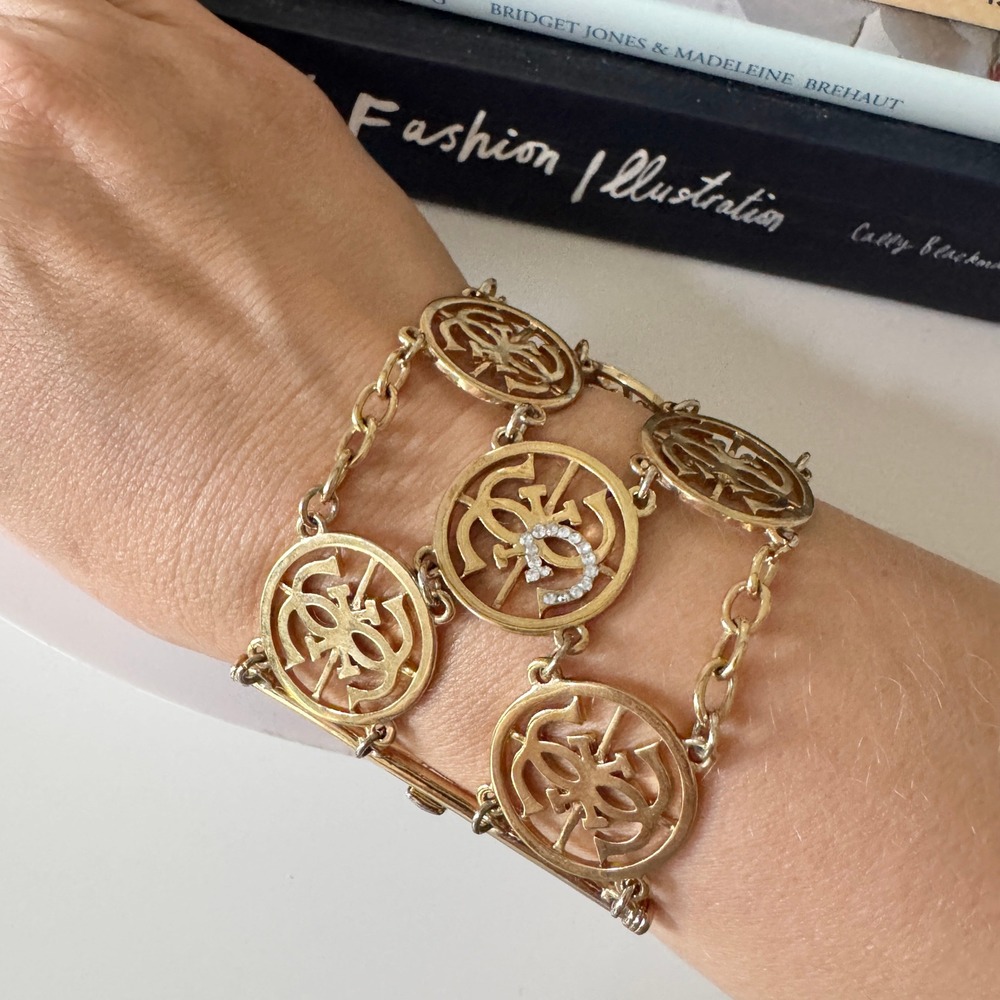 Vintage Guess Logo Wide Chain Link Statement Bracelet Gold Rhinestones Y2K